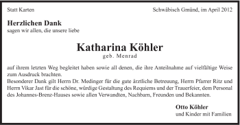 Traueranzeige von Katharina Köhler von Gmünder Tagespost
