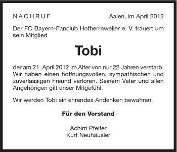 Traueranzeige von Tobias Leese von Schwäbische Post