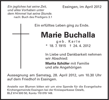 Traueranzeige von Marie Buchalla von Schwäbische Post