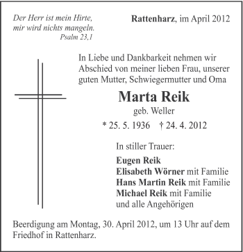 Traueranzeige von Marta Reik von Gmünder Tagespost