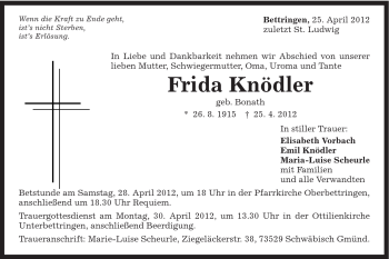 Traueranzeige von Frida Knödler von Gmünder Tagespost