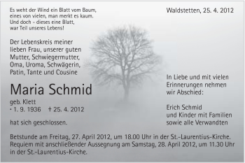 Traueranzeige von Maria Schmid von Gmünder Tagespost