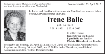 Traueranzeige von Irene Balle von Schwäbische Post