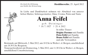 Traueranzeige von Anna Feifel von Gmünder Tagespost