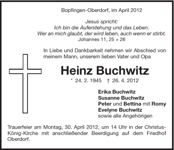 Traueranzeige von Heinz Buchwitz von Schwäbische Post
