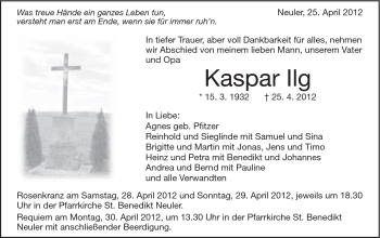 Traueranzeige von Kaspar Ilg von Schwäbische Post