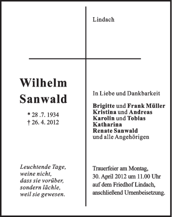 Traueranzeige von Wilhelm Sanwald von Gmünder Tagespost
