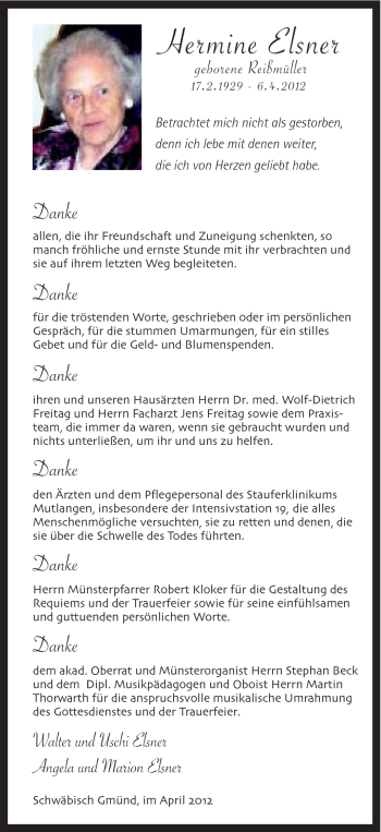 Traueranzeige von Hermine Elsner von Gmünder Tagespost