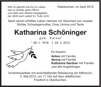 Traueranzeige von Katharina Schöninger von Schwäbische Post