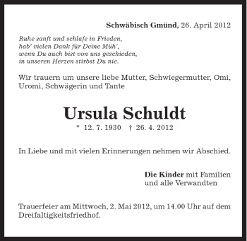 Traueranzeige von Ursula Schuldt von Gmünder Tagespost