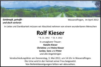 Traueranzeige von Rolf Kieser von Schwäbische Post