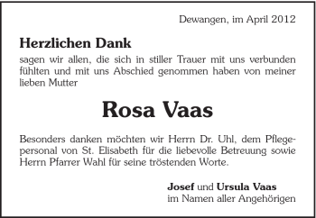 Traueranzeige von Rosa Vaas von Schwäbische Post