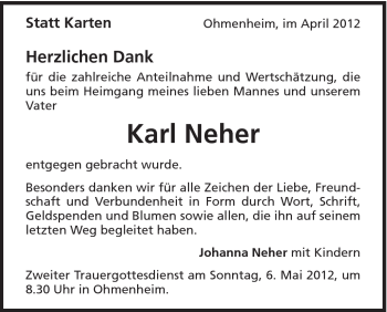 Traueranzeige von Karl Neher von Schwäbische Post