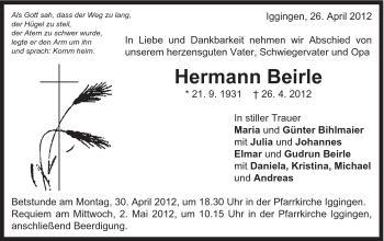 Traueranzeige von Hermann Beirle von Gmünder Tagespost