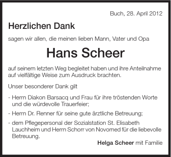 Traueranzeige von Hans Scheer von Schwäbische Post