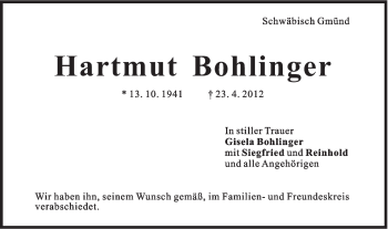 Traueranzeige von Hartmut Bohlinger von Gmünder Tagespost