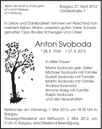 Traueranzeige von Anton Svoboda von Gmünder Tagespost