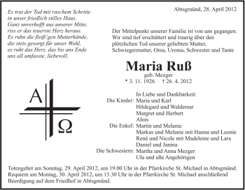 Traueranzeige von Maria Ruß von Schwäbische Post