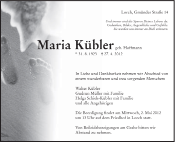 Traueranzeige von Maria Kübler von Gmünder Tagespost