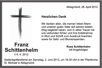 Traueranzeige von Franz Schittenhelm von Schwäbische Post