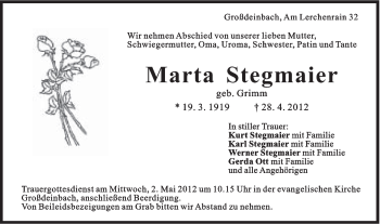 Traueranzeige von Marta Stegmaier von Gmünder Tagespost