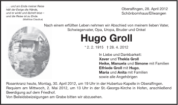 Traueranzeige von Hugo Groll von Schwäbische Post