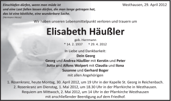 Traueranzeige von Elisabeth Häußler von Schwäbische Post
