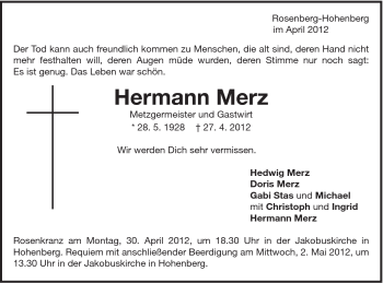 Traueranzeige von Hermann Merz von Schwäbische Post