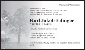 Traueranzeige von Karl Jakob Edinger von Schwäbische Post