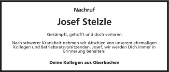 Traueranzeige von Josef Stelzle von Schwäbische Post