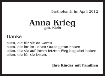 Traueranzeige von Anna Krieg von Gmünder Tagespost