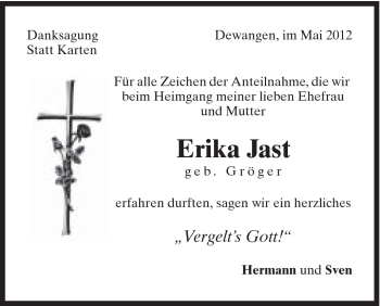 Traueranzeige von Erika Jast von Schwäbische Post