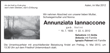 Traueranzeige von Annunziata Iannaccone von Schwäbische Post