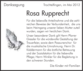 Traueranzeige von Rosa Rupprecht von Schwäbische Post
