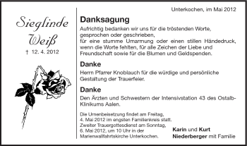 Traueranzeige von Sieglinde Weiß von Schwäbische Post
