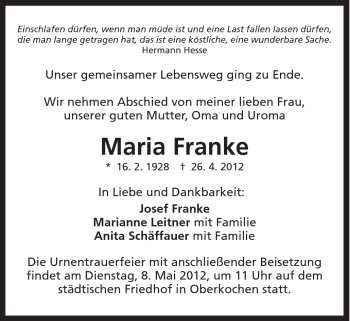 Traueranzeige von Maria Franke von Schwäbische Post