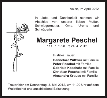 Traueranzeige von Margarete Peschel von Schwäbische Post