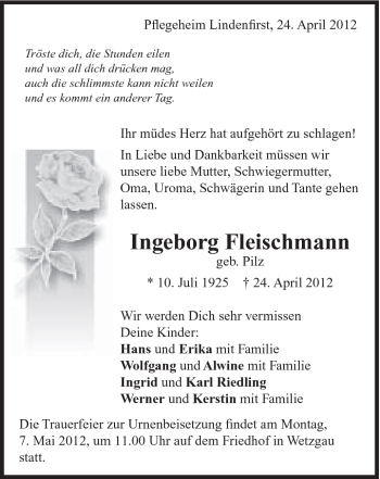 Traueranzeige von Ingeborg Fleischmann von Gmünder Tagespost