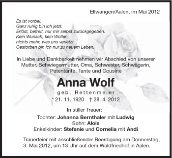 Traueranzeige von Anna Wolf von Schwäbische Post