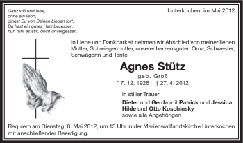 Traueranzeige von Agnes Stütz von Schwäbische Post