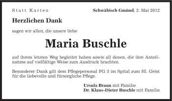 Traueranzeige von Maria Buschle von Gmünder Tagespost