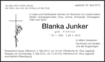 Traueranzeige von Blanka Junker von Schwäbische Post