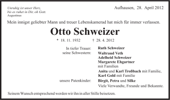 Traueranzeige von Otto Schweizer von Schwäbische Post