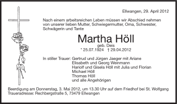 Traueranzeige von Martha Höll von Schwäbische Post