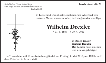 Traueranzeige von Wilhelm Drexler von Gmünder Tagespost
