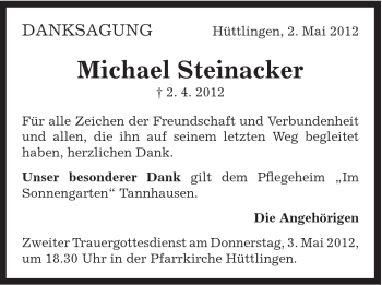 Traueranzeige von Michael Steinacker von Schwäbische Post