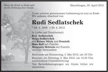 Traueranzeige von Rudi Sedlatschek von Gmünder Tagespost