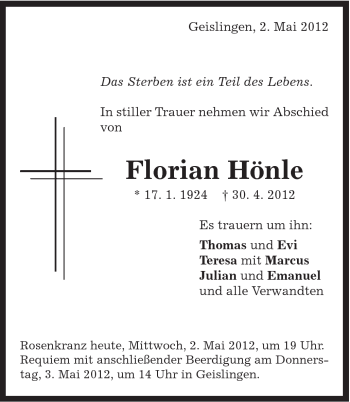 Traueranzeige von Florian Hönle von Schwäbische Post