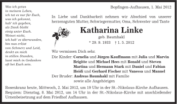 Traueranzeige von Katharina Linke von Schwäbische Post