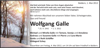 Traueranzeige von Wolfgang Galle von Schwäbische Post